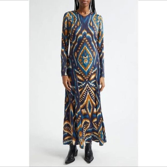 Farm Rio Pineapple Ikat navy blue maxi dress silky zipper yellow long new Small - Picture 1 of 6